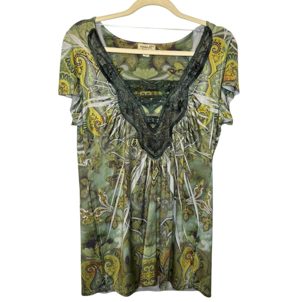 One‎ World Blouse Women's XL Flutter Cap Sleeves Peacock lace Green